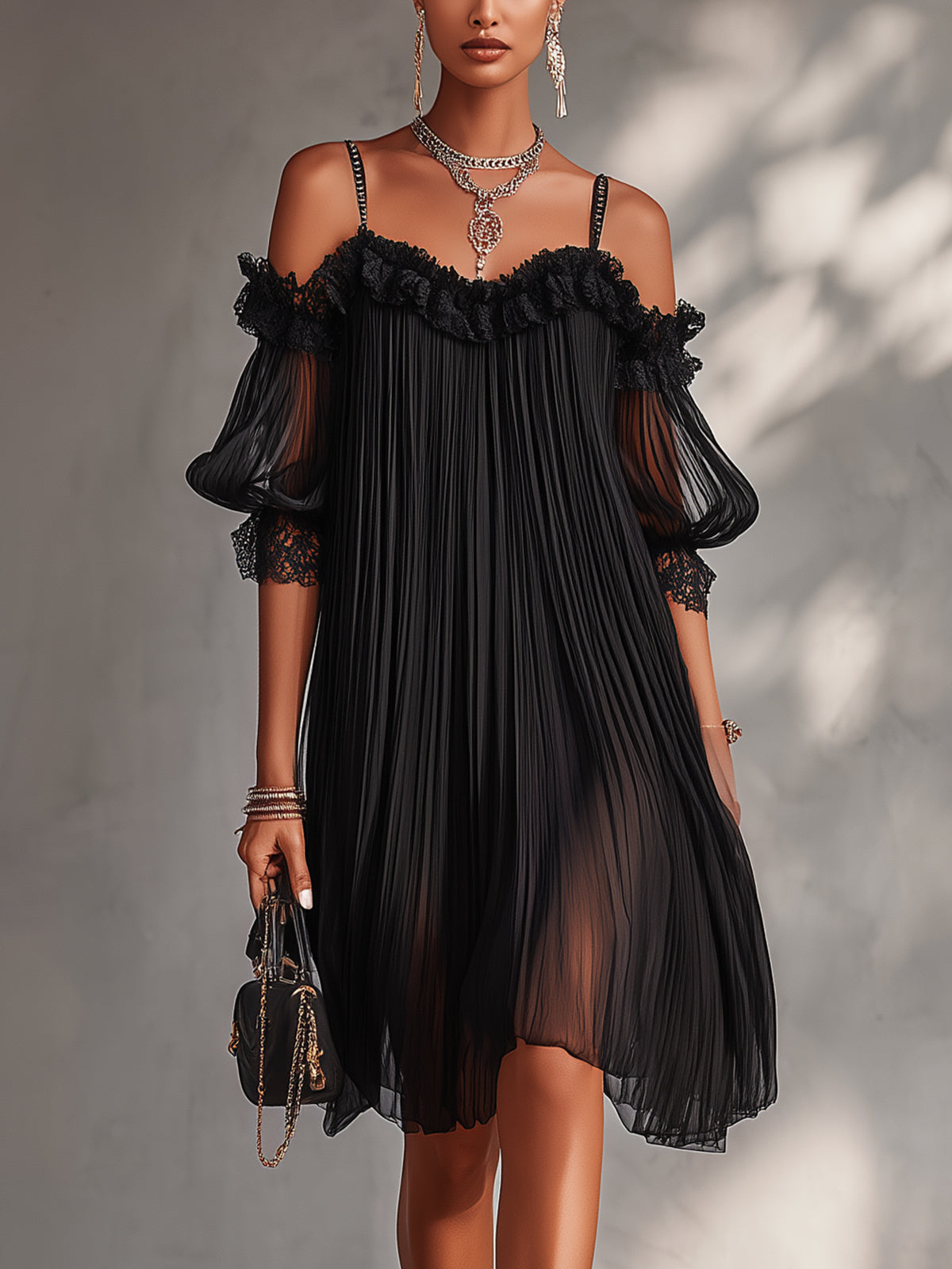 Vittoria | Black Off-the-Shoulder Muslin Mini Dress with Lace Trim