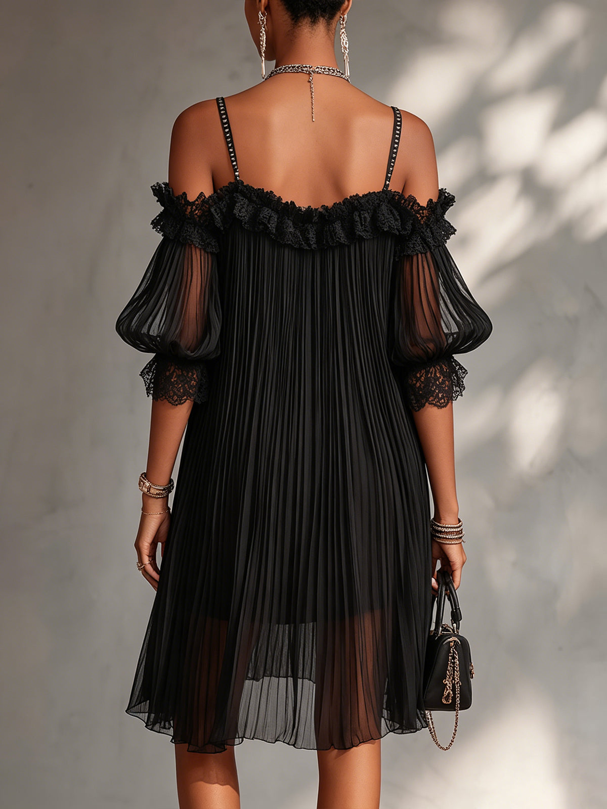 Vittoria | Black Off-the-Shoulder Muslin Mini Dress with Lace Trim