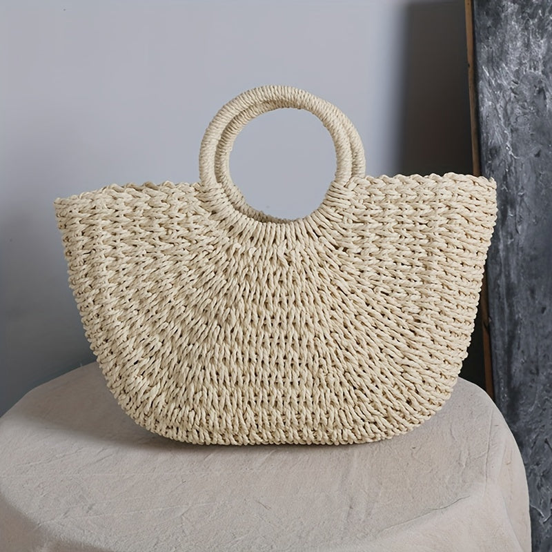Ottavia | Natural Beige Woven Straw Half-Moon Bag