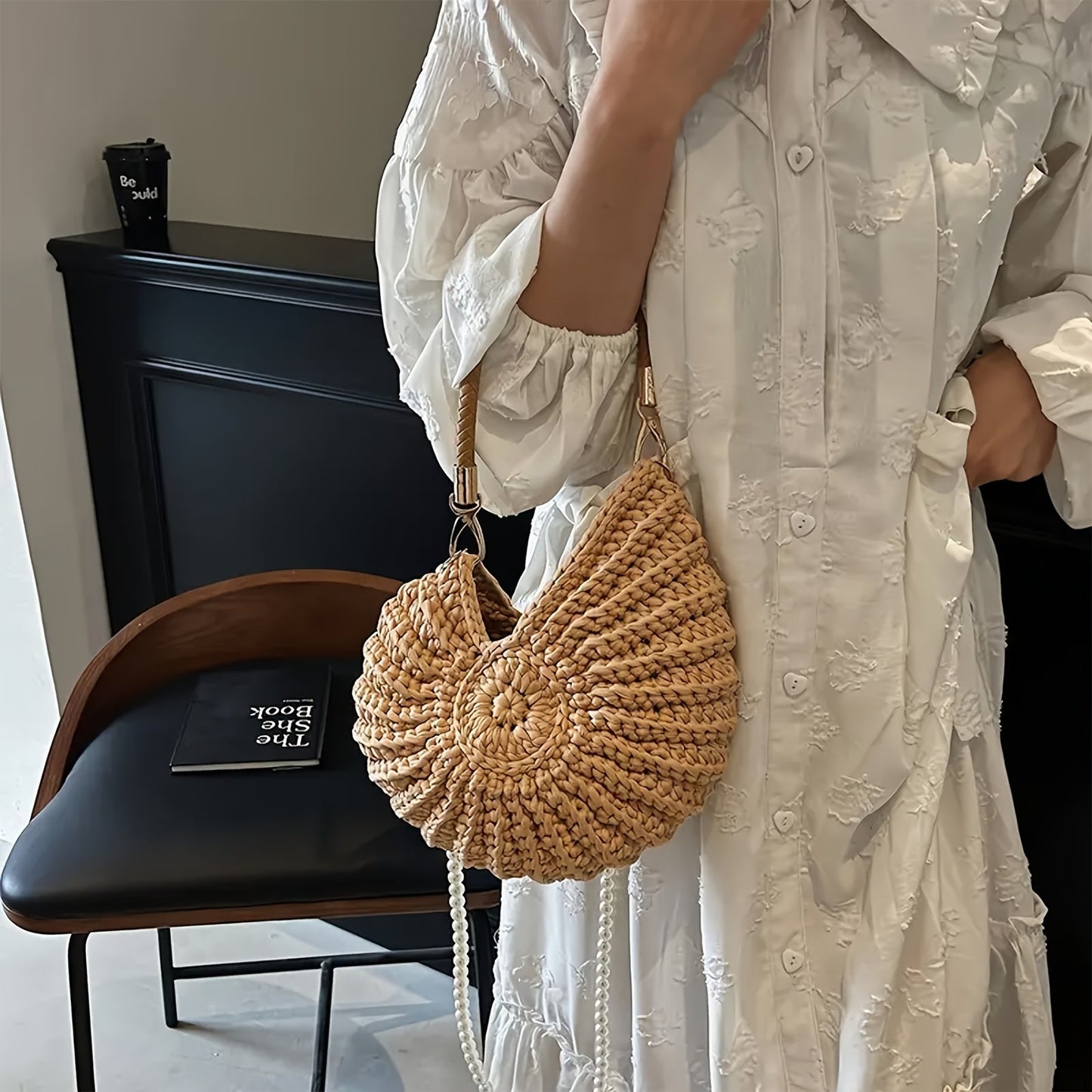 Tea | Camel Woven Tote Bag with Chain Strap
