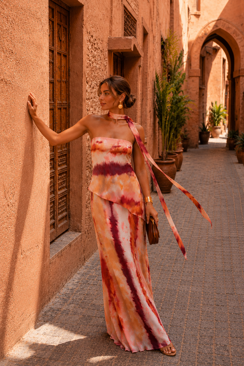 Long printed dress with a strapless neckline