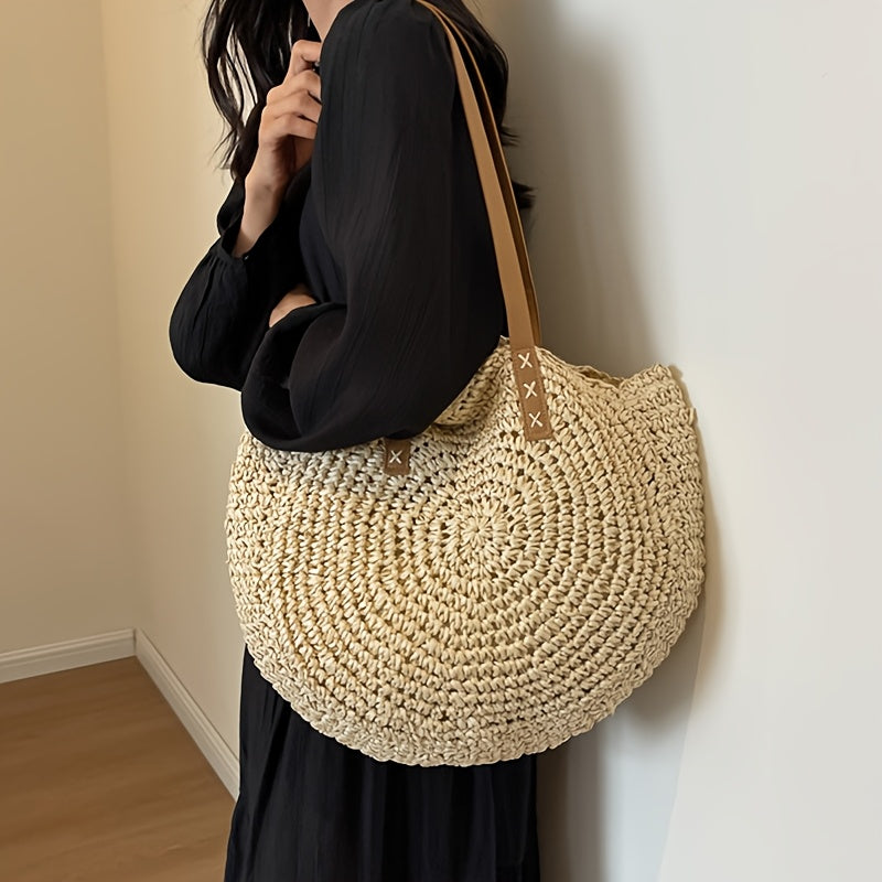 Lisa | Beige Woven Straw Round Bag