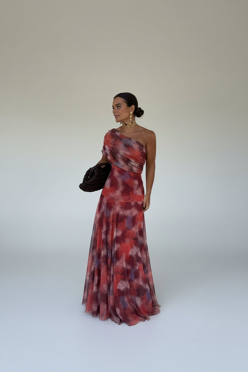 Vestido Largo Hombro Caído Acuarela