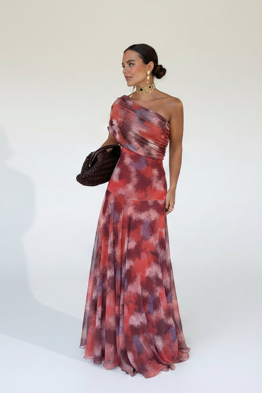 Long Off-the-Shoulder Watercolor Dress