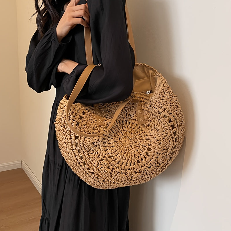 Lola | Cognac Woven Straw Round Bag with Pattern