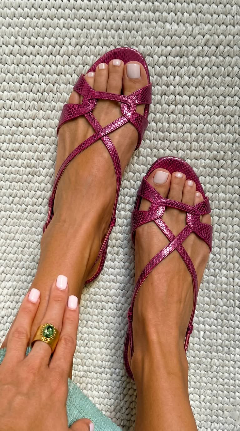 Low-heeled, open-toe, bronze snake-print slingback sandals