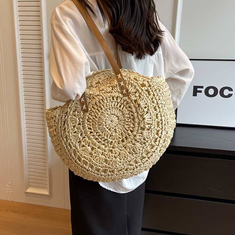 Luigia | Natural Beige Woven Straw Round Bag with Pattern