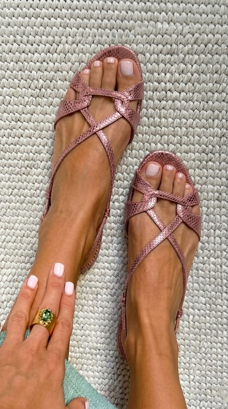 Low-heeled, open-toe, bronze snake-print slingback sandals