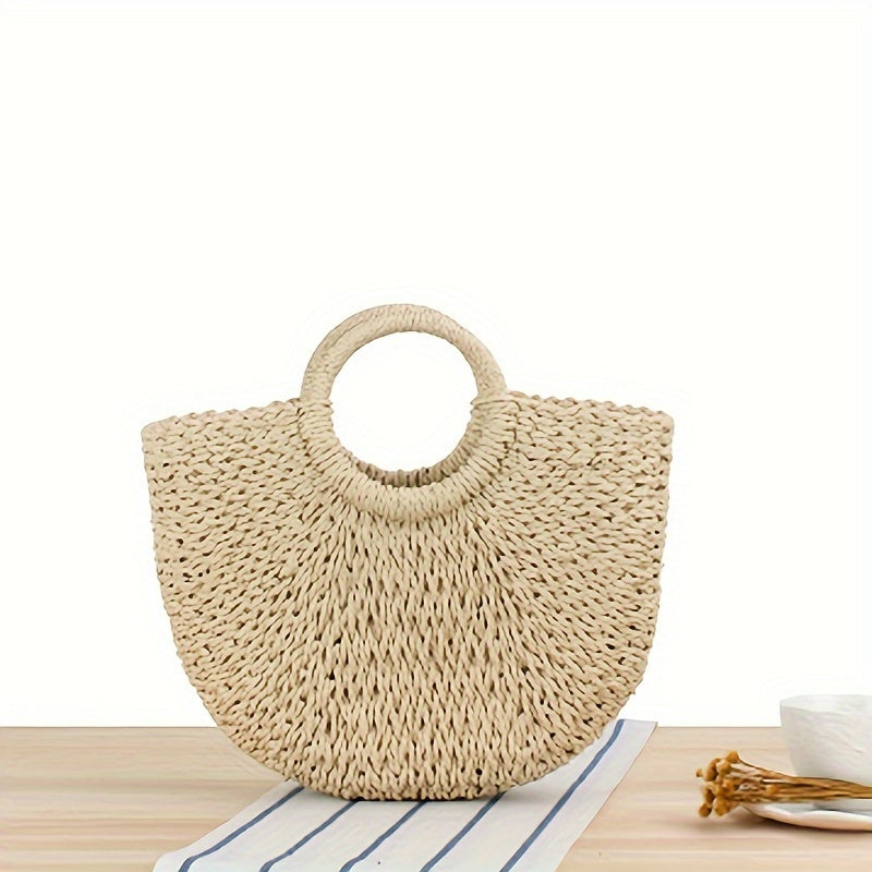 Ottavia | Natural Beige Woven Straw Half-Moon Bag