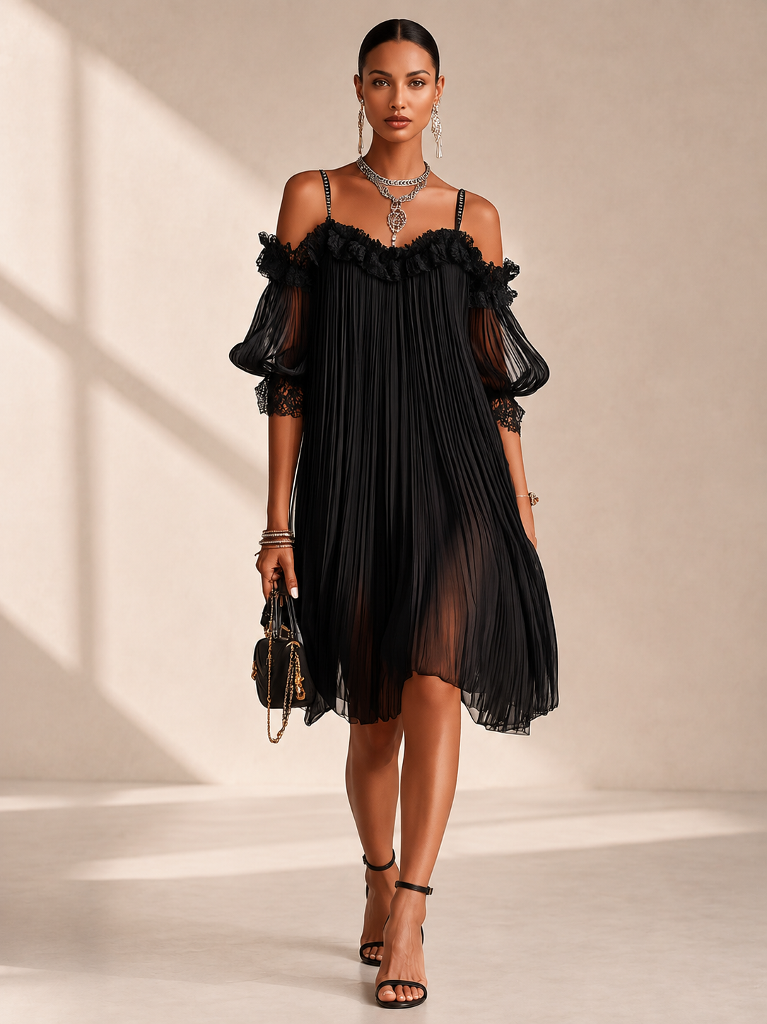 Vittoria | Black Off-the-Shoulder Muslin Mini Dress with Lace Trim
