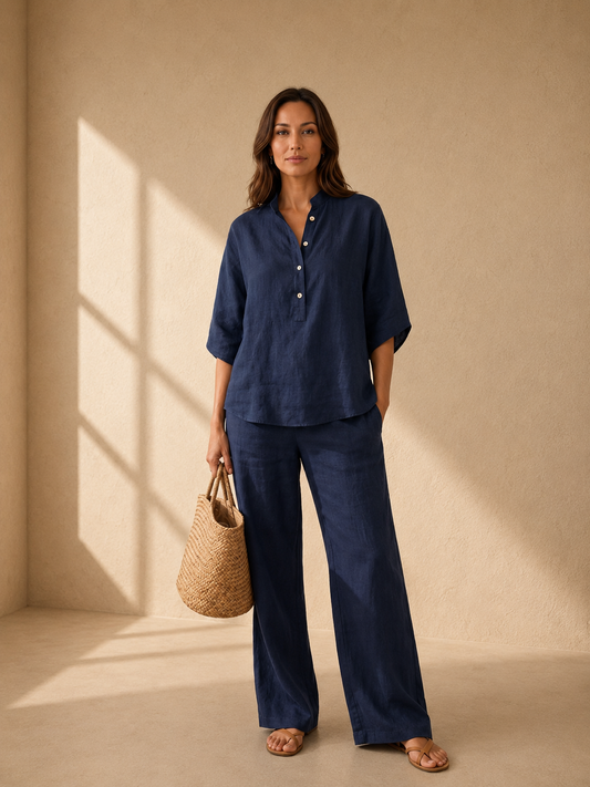 Linen set with batwing sleeves and wide-leg pants