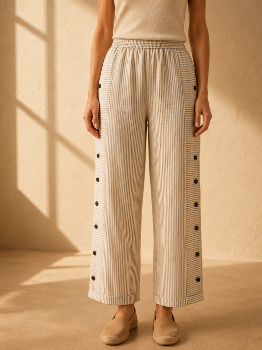 Straight-leg striped pants with side buttons