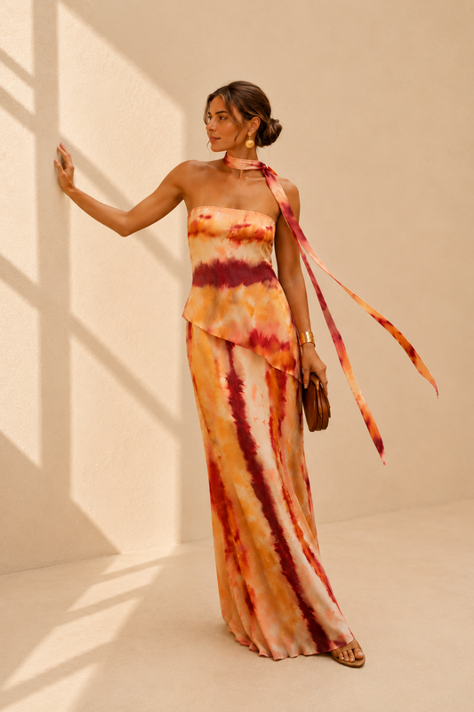 Long printed dress with a strapless neckline
