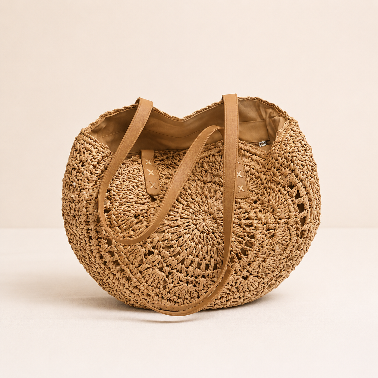 Lola | Cognac Woven Straw Round Bag with Pattern