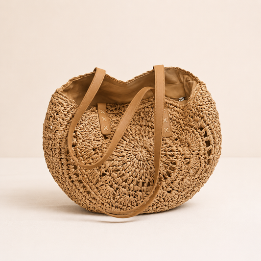 Lola | Cognac Woven Straw Round Bag with Pattern