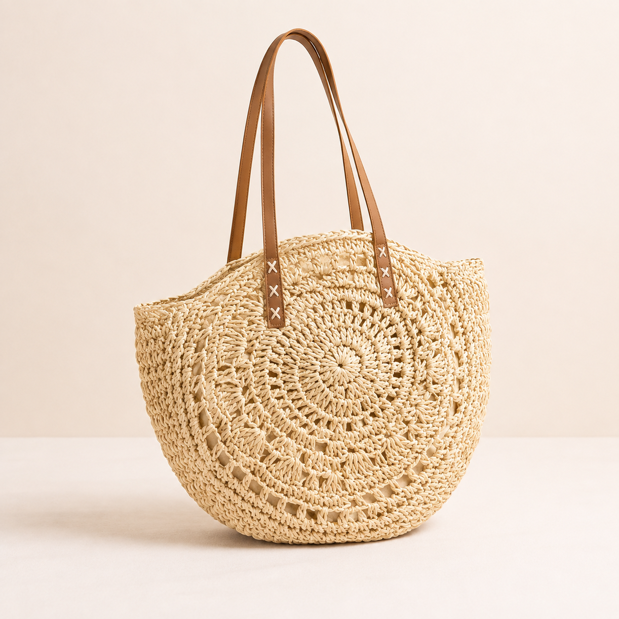 Luigia | Natural Beige Woven Straw Round Bag with Pattern