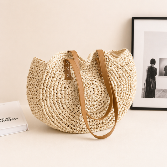 Lisa | Beige Woven Straw Round Bag