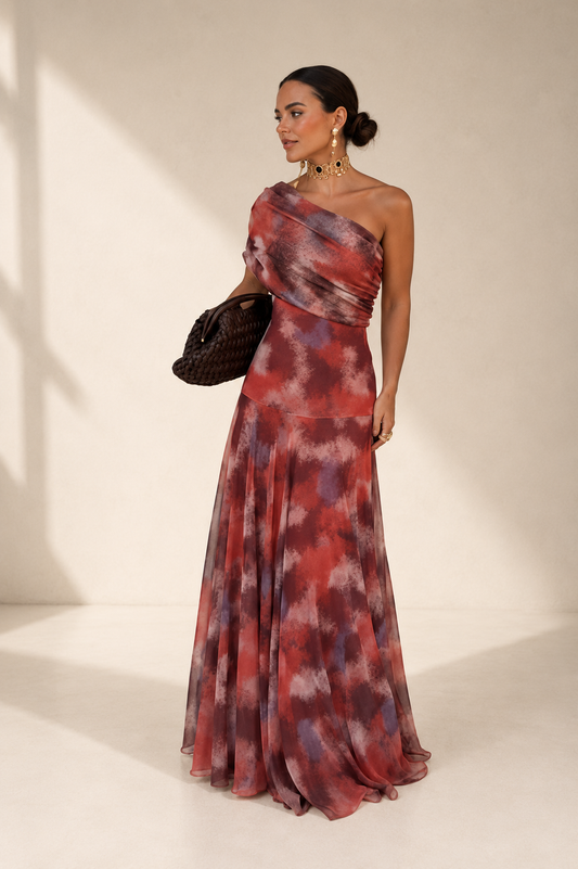 Long Off-the-Shoulder Watercolor Dress