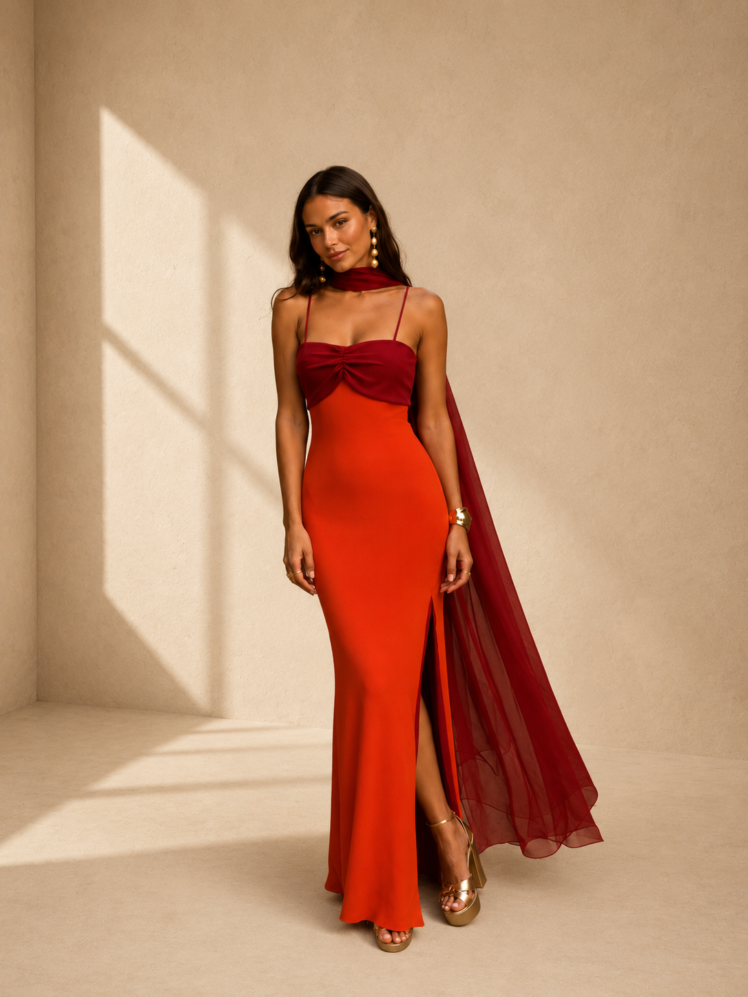 Two-Tone Draped Maxi Dress