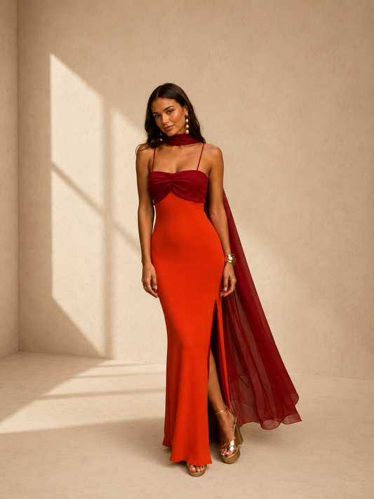 Two-Tone Draped Maxi Dress