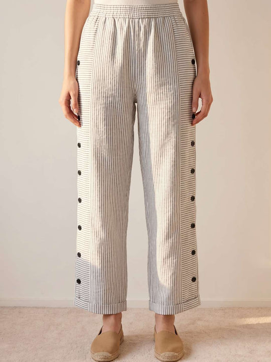 Straight-leg striped pants with side buttons