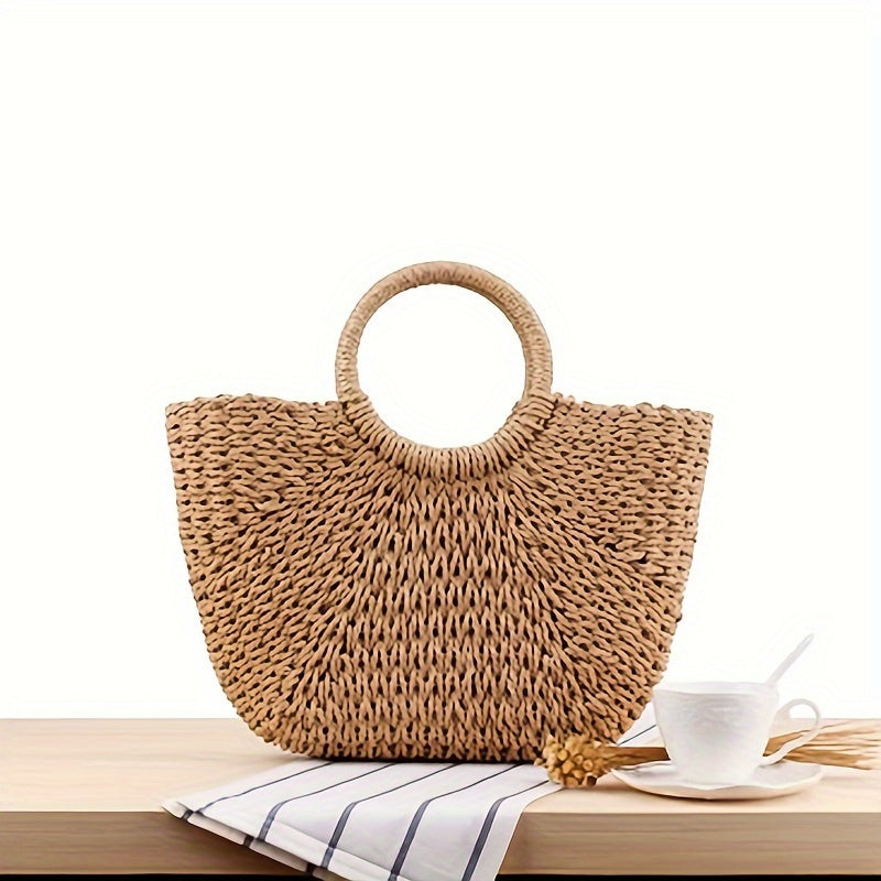 Serenella | Cognac Woven Straw Half-Moon Bag