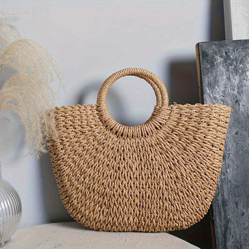 Serenella | Cognac Woven Straw Half-Moon Bag