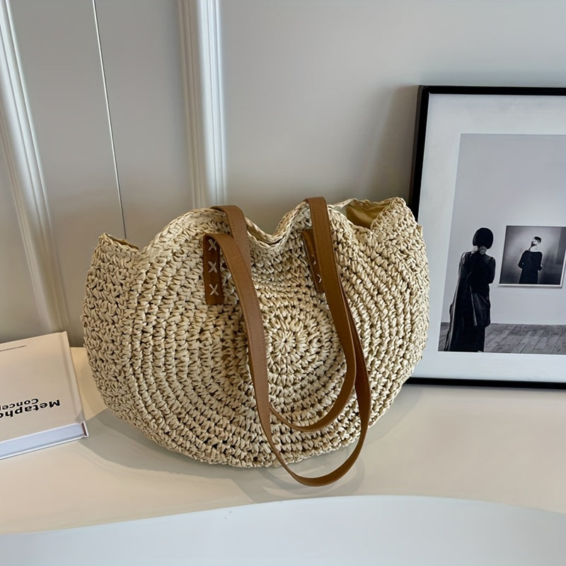 Lisa | Beige Woven Straw Round Bag