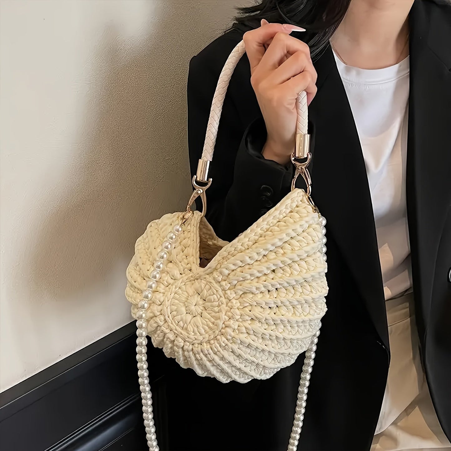 Tamara | Cream White Woven Tote Bag with Chain Strap