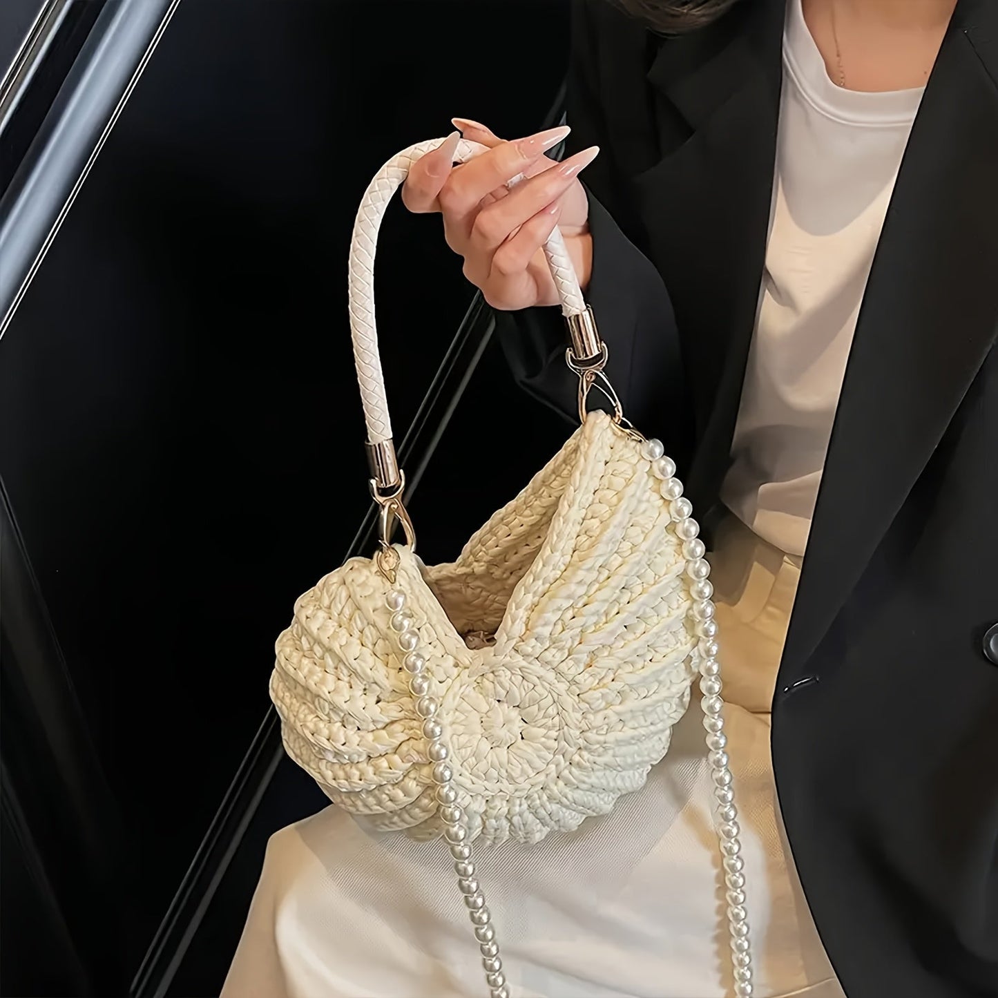 Tamara | Cream White Woven Tote Bag with Chain Strap