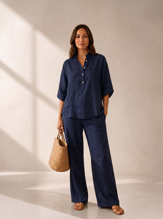 Linen set with batwing sleeves and wide-leg pants