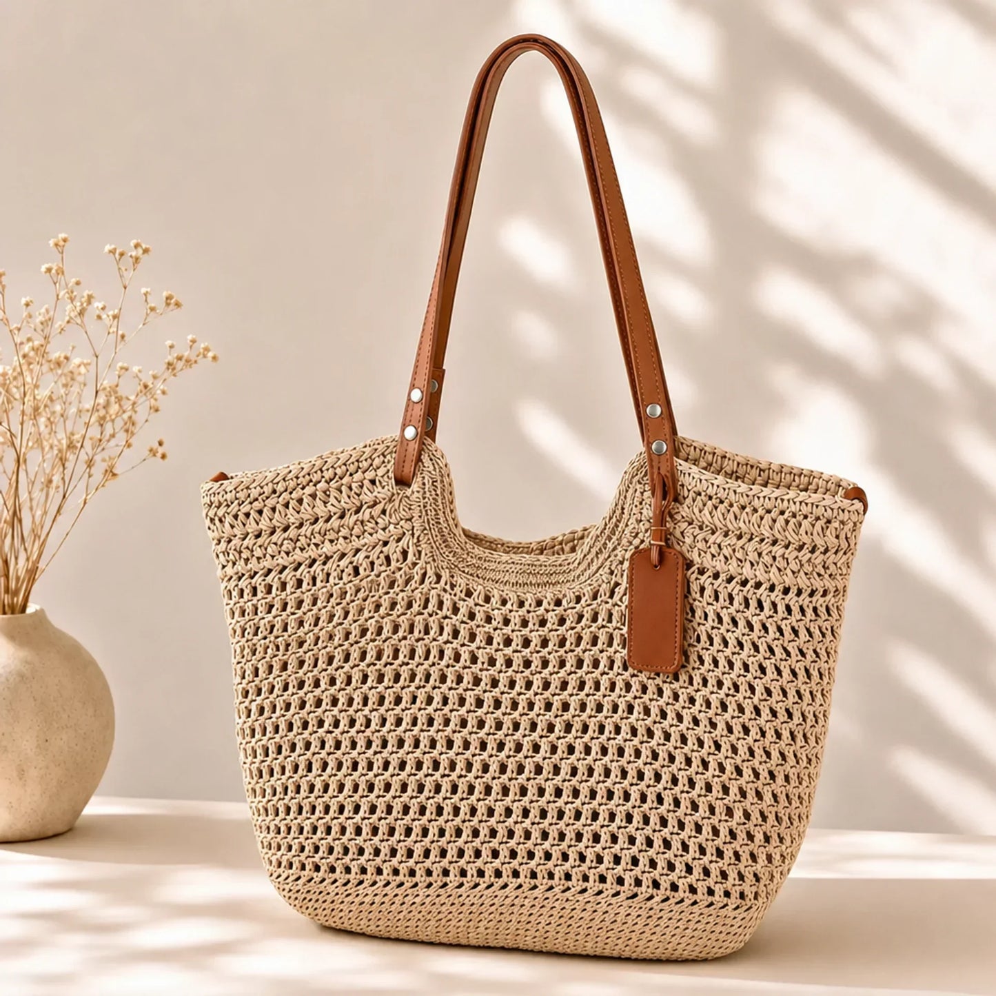 Alina | Handwoven Crochet Shopper Bag – Light Beige
